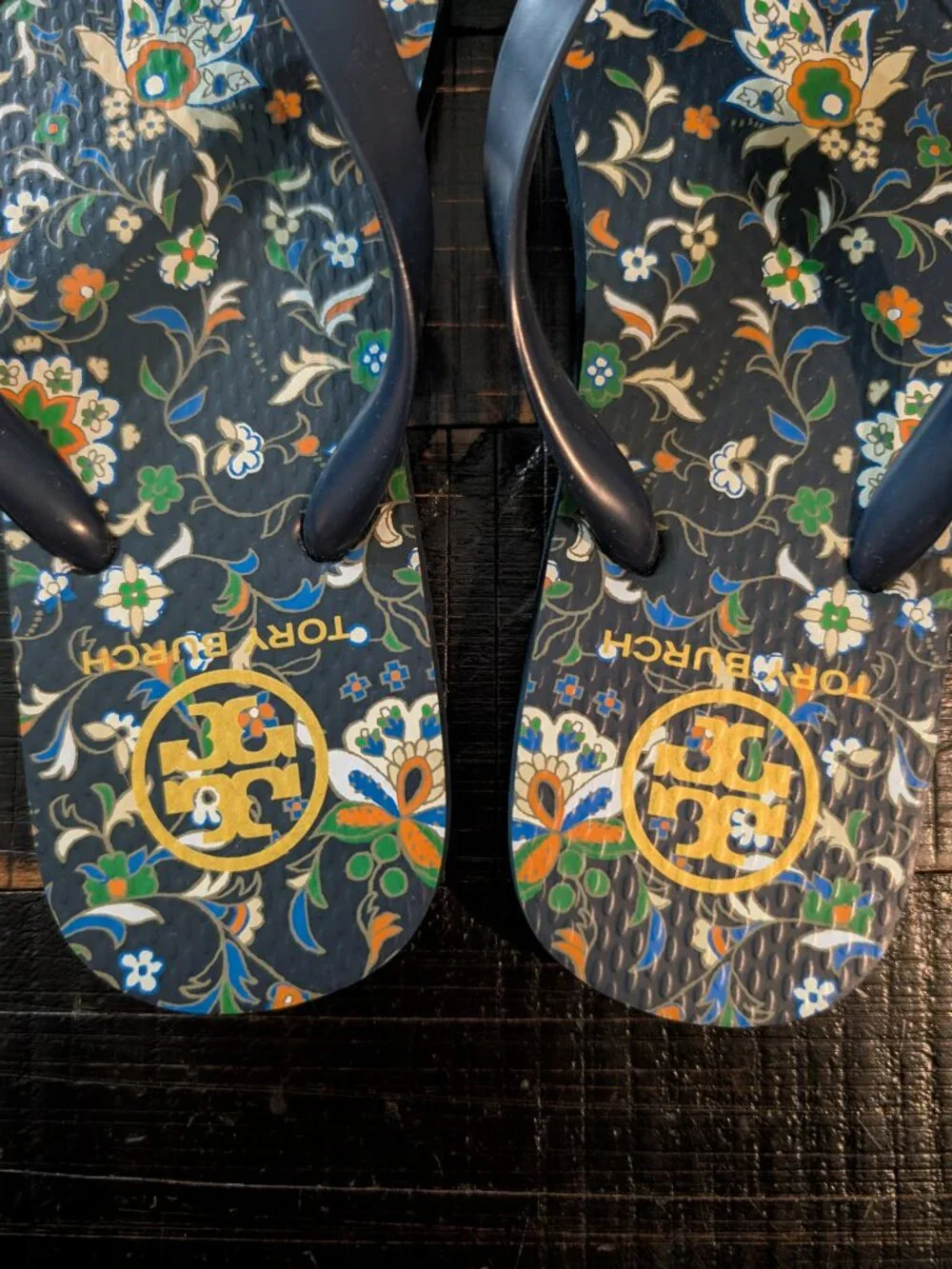 Tory Burch Navy Blue Floral Flip Flops, Size 9